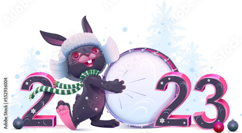 2023 year of black rabbit christmas greeting card. Cute hare in hat beats drum