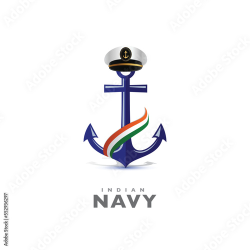 Indian navy concept poster, Banner design. Navy officer, Soldier cap, Anchor, and Indian flag wave on isolated Background, Navy warships, Wishing Greeting Card. Beautiful Calligraphy of Navy Day. 