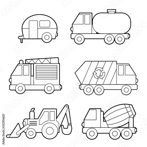 Vector set of vehicles. Coloring book for children activities. Simple level