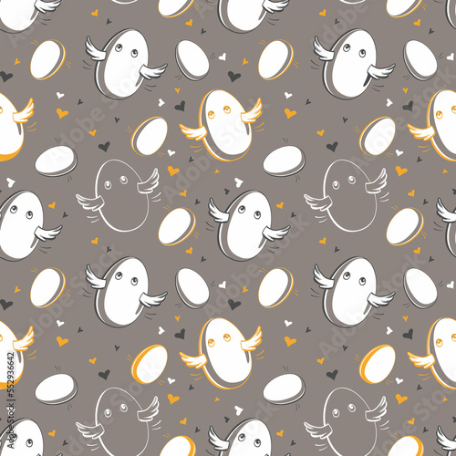 Seamless pattern with cute colorful eggs with wings on a dark background. Hand drawn  design elements for Easter or design for kids.