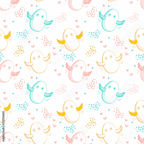 Seamless pattern with cute colorful eggs with wings and hearts on a white background. Hand drawn design elements for Easter or design for kids.
