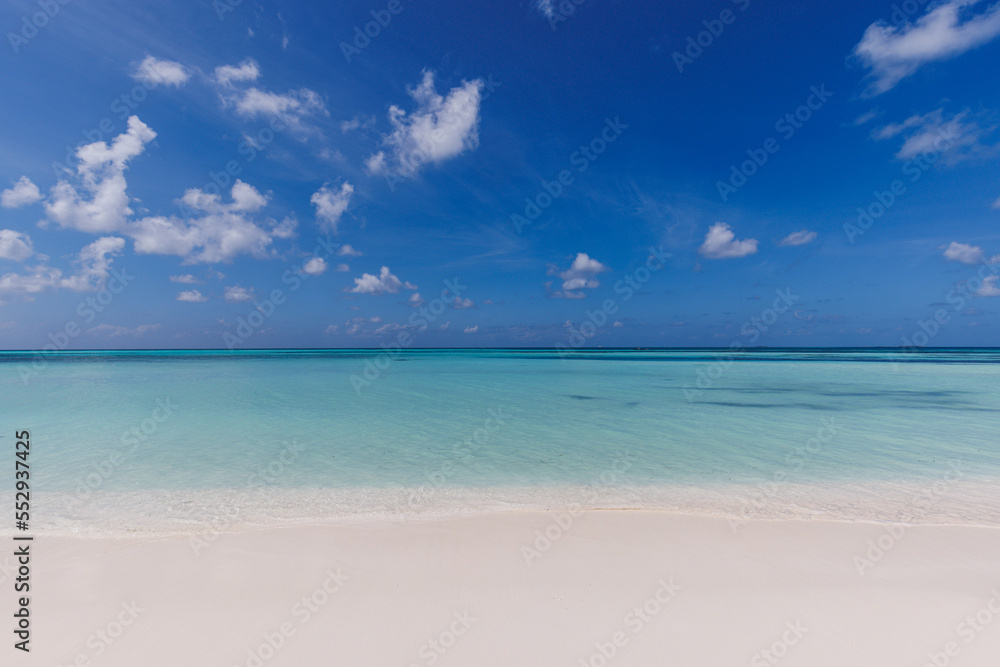 Natural summer beach background for concept summer vacation. Nature tropical summer beach. Sunny sand ocean water horizon under blue sky. Idyllic travel paradise. Relaxing positive energy meditation