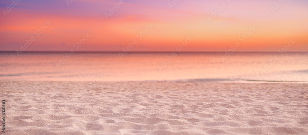 Summer beach vacation. Closeup Mediterranean sandy beach. Idyllic peaceful shore calm waves colorful sky, amazing panorama. Dream travel landscape. Relaxing sunset sunrise, horizon water reflection