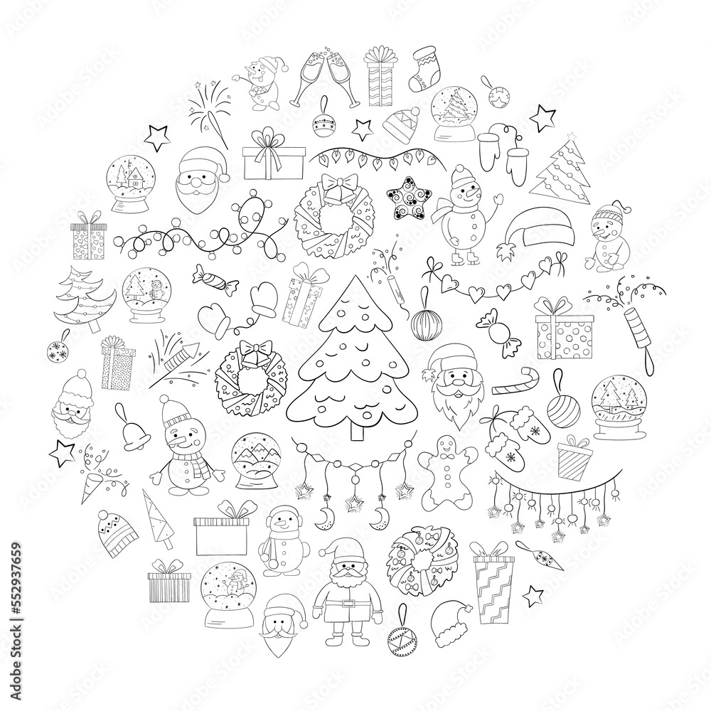 A set of Christmas icons with a thin line , vector doodle illustration A set of Christmas icons with a thin line , vector doodle illustration