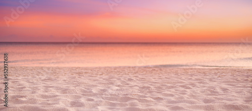 Fototapeta Naklejka Na Ścianę i Meble -  Summer beach vacation. Closeup Mediterranean sandy beach. Idyllic peaceful shore calm waves colorful sky, amazing panorama. Dream travel landscape. Relaxing sunset sunrise, horizon water reflection
