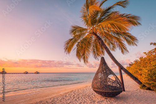 Romantic beach palm tree swing. Summer amazing travel landscape, couple destination scenic. Sandy island shore, exotic sunset sky. Colorful vacation honeymoon background. Beautiful panoramic tropics