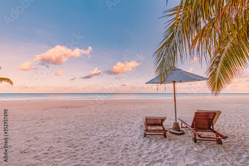 Beautiful panoramic paradise tropical beach sunset as summer island landscape with beds umbrella palm leaves calm sea shore coast. Luxury travel panorama couple destination banner for vacation holiday