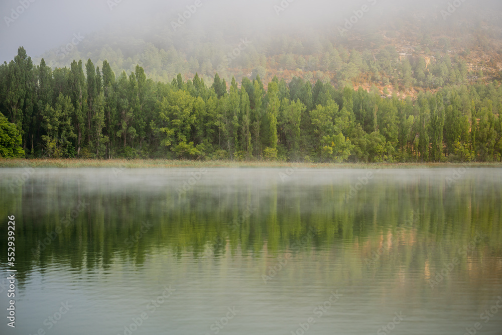 Idyllic landscape about a lake with some fog and surrounded by green trees