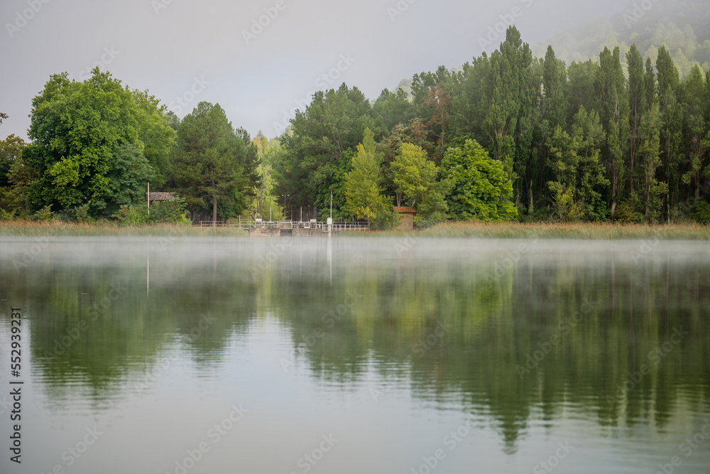 Idyllic landscape about a lake with some fog and surrounded by green trees