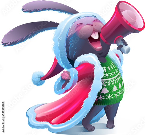 Bunny in santa christmas clothes screaming into bullhorn. 2023 chinese year of the black rabbit