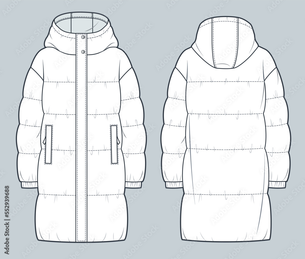 Unisex Puffer Coat technical fashion Illustration. Hooded quilted ...