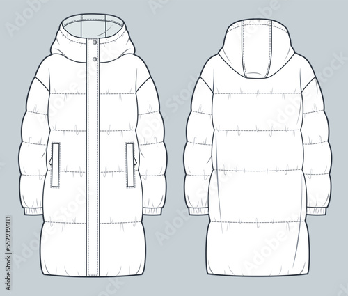 Unisex Puffer Coat technical fashion Illustration. Hooded quilted padded Down Jacket technical drawing template, long sleeve, pockets, front and back view, white, women, men, unisex CAD mockup.