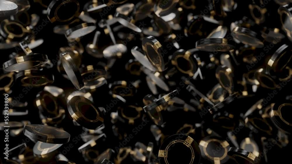 A loop able animation of black casino chips with gold markings rotating randomly in the air on a dark classy background A loop able animation of black casino chips with gold markings rotating randomly in the air on a dark classy background