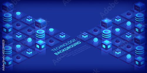 Abstract digital geometric tech elements. Digital data concept with energy glowing elements composition. Engineering and innovations design. Vector isometric shapes trendy background.