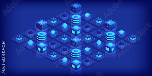 Abstract digital geometric tech elements. Digital data concept with energy glowing elements composition. Engineering and innovations design. Vector isometric shapes trendy background.