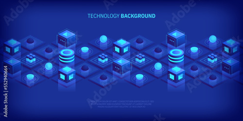 Abstract digital geometric tech elements. Digital data concept with energy glowing elements composition. Engineering and innovations design. Vector isometric shapes trendy background.