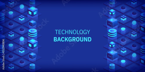 Abstract digital geometric tech elements. Digital data concept with energy glowing elements composition. Engineering and innovations design. Vector isometric shapes trendy background.