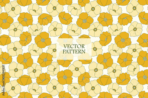 Poppy yellow petal flower summer garden white background vector abstract seamless repeat pattern