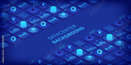 Abstract datacenter or blockchain vector isometric background Hosting server room cloud storage technology and big data processing Digital information Network mainframe infrastructure website layout