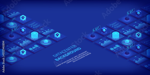 Abstract datacenter or blockchain vector isometric background Hosting server room cloud storage technology and big data processing Digital information Network mainframe infrastructure website layout