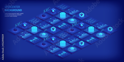 Abstract datacenter or blockchain vector isometric background Hosting server room cloud storage technology and big data processing Digital information Network mainframe infrastructure website layout