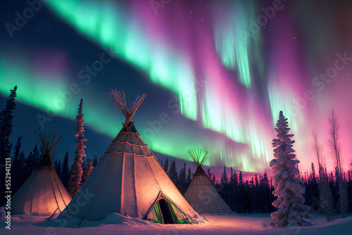 Amazing northern lights dancing over the tepees at Aurora Village in Yellowknife. Digital art
