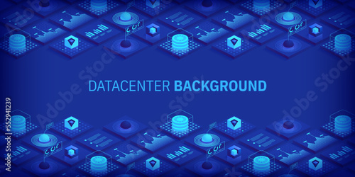 Abstract datacenter or blockchain vector isometric background Hosting server room cloud storage technology and big data processing Digital information Network mainframe infrastructure website layout
