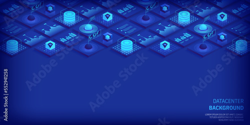 Abstract datacenter or blockchain vector isometric background Hosting server room cloud storage technology and big data processing Digital information Network mainframe infrastructure website layout