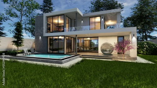 3D animation with a cubic modern house with garden and a lounge area by the pool