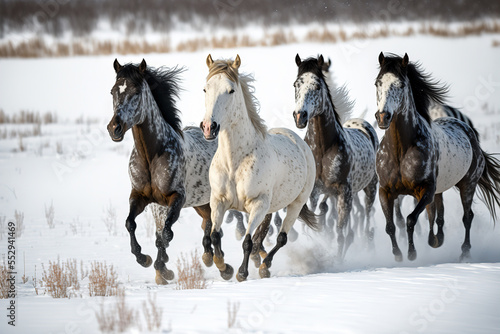 Horses galloping in the snow. Digital art