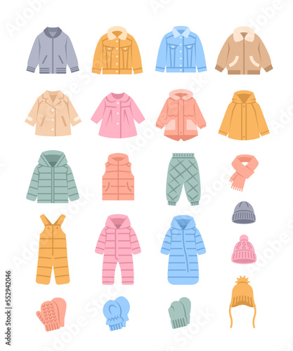 Baby outerwear warm winter autumn clothes colorful flat icons. Jackets, coats, snowsuits, vest, hats and mittens. Pictograms of children clothing. Basic outfit for toddler, little boy or girl