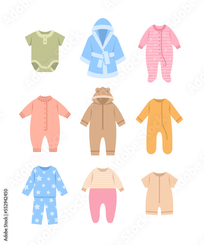 Baby sleepwear cloth color flat icons. Pajamas, rompers, bodysuits and bathrobe. Simple cartoon pictograms of children clothing. Kids wardrobe. Outfit for newborn child, toddler, little boy or girl