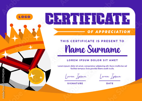 Football tournament sport event certificate design template simple and elegant design