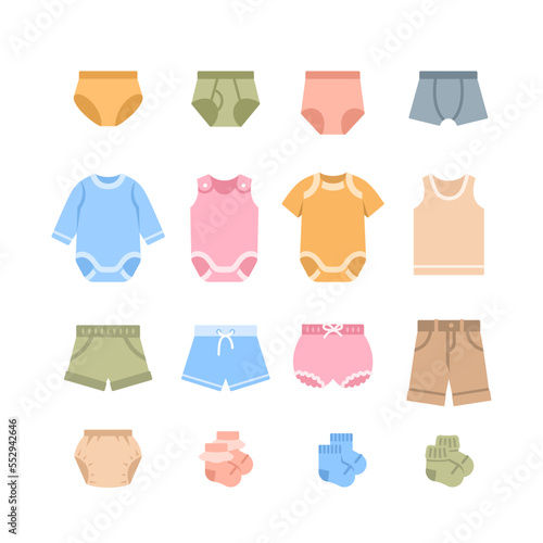 Baby underwear cloth color flat icon. Undergarment, panties, boxers, rompers, shorts and socks. Kids clothing pictogram. Children wardrobe garments. Outfit for newborn child, toddler, little boy, girl