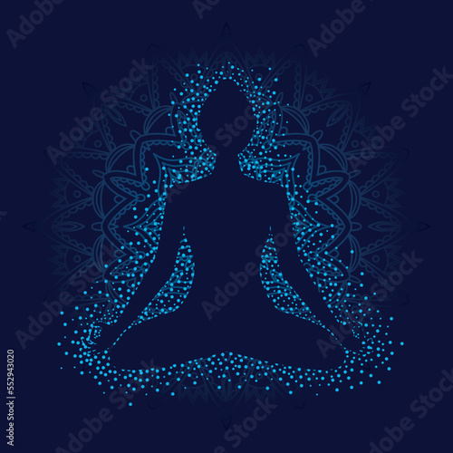 Girl in lotus position on blue background with mandala.
