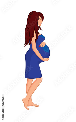 Beautiful pregnant girl in a blue dress in full length.