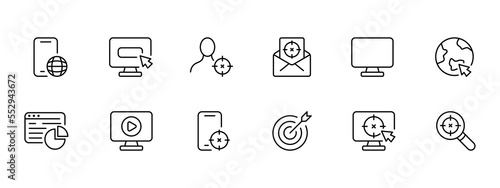 Tracking icon set. Tracking icon set. Marketing, statistics, target audience, targeted advertising, internet surfing. Target ad concept. Vector black set icon on a white background