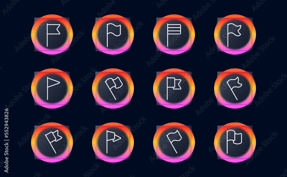 Flag icon set. Sports, finish, victory, cycling, athletics, race, participants, finishers. Sports concept. Glassmorphism style. Vector line icon for Business Flag icon set. Sports, finish, victory, cycling, athletics, race, participants, finishers. Sports concept. Glassmorphism style. Vector line icon for Business