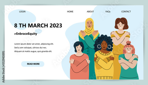 Online Activism Landing Page Template. Embrace Equity is campaign theme of International Women's Day 2023. Women are hugging herself. Fight like a girl.