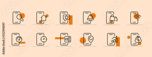 Phone features icon set. Search, GPS, internet speed, online shopping, online payment, clock, alarm clock, message. Phone app concept. Pastel color background. Vector line icon for business