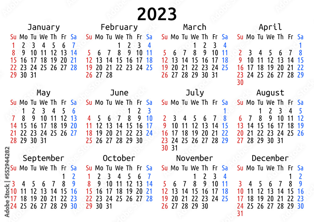 2023 calendar, English, America. Vector compact annual wall or planner ...