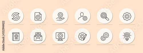 Settings icon set. Update, screen settings, brightness, message, settings guide, user settings. Phone icon concept. Pastel color background. Vector line icon for business