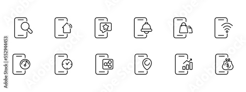 Phone features icon set. WiFi, favorites, notification search, GPS, internet speed, online shopping, message. Phone app concept. Vector black set icon on a white background