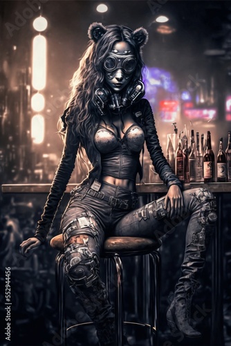 beautiful woman with a gas mask and short clothes sitting on a stool in a bar, spread legs, erotic, cyberpunk girl, cybergirl,fictional person made with generative ai
