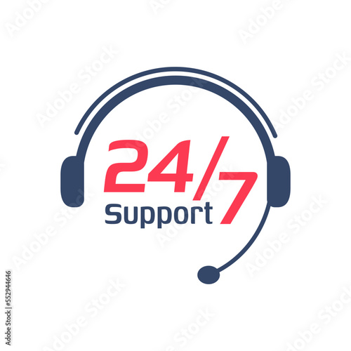 24 hour service icon.Headphone Talk Support over the phone to consult customer problems.