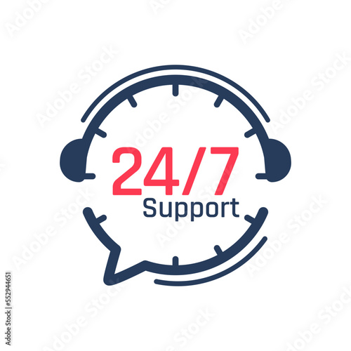24 hour service icon.Headphone Talk Support over the phone to consult customer problems.