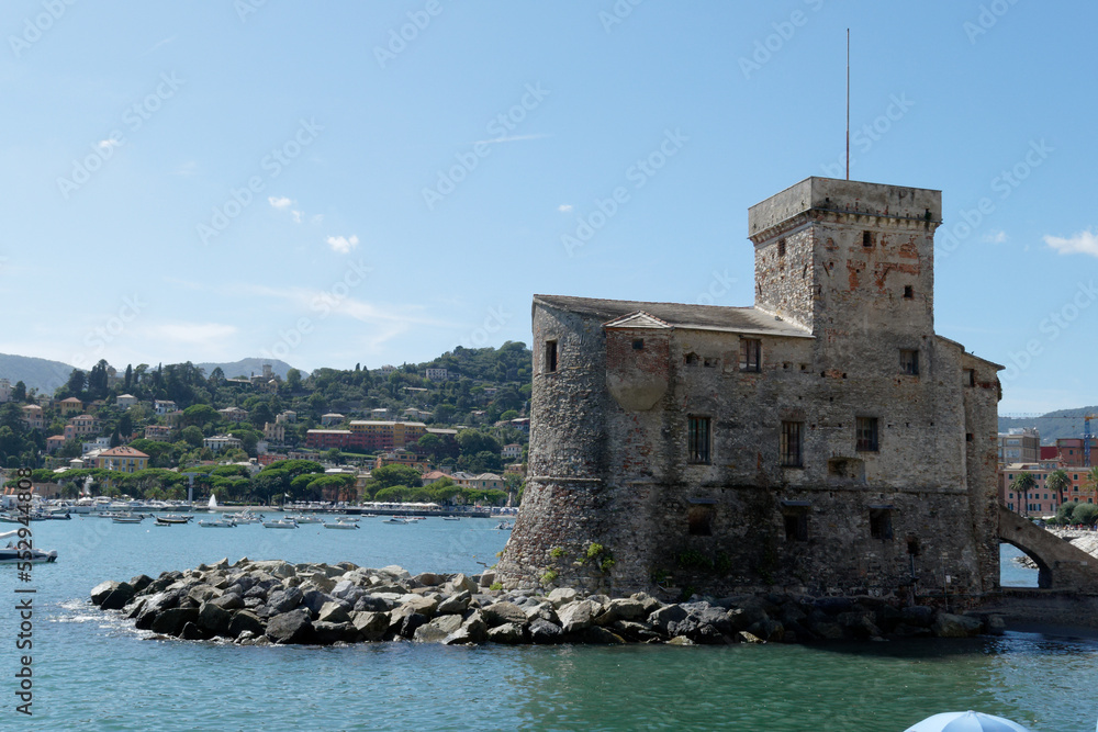View of the Rapallo castle from the bay on the Tigullio gulf . Liguria, Italy