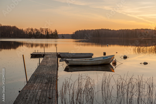 Sunrise on a November morning at lake Annsjön in county Östergötland, Sweden
