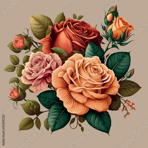 Classic rose. Decorative strange roses, buds, bouquet. Beautiful bouquet of roses. Vector illustration