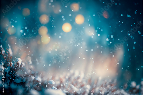 A winter holiday background with bokeh light, snow and a Christmas tree branch silhouette, a generative ai holiday template